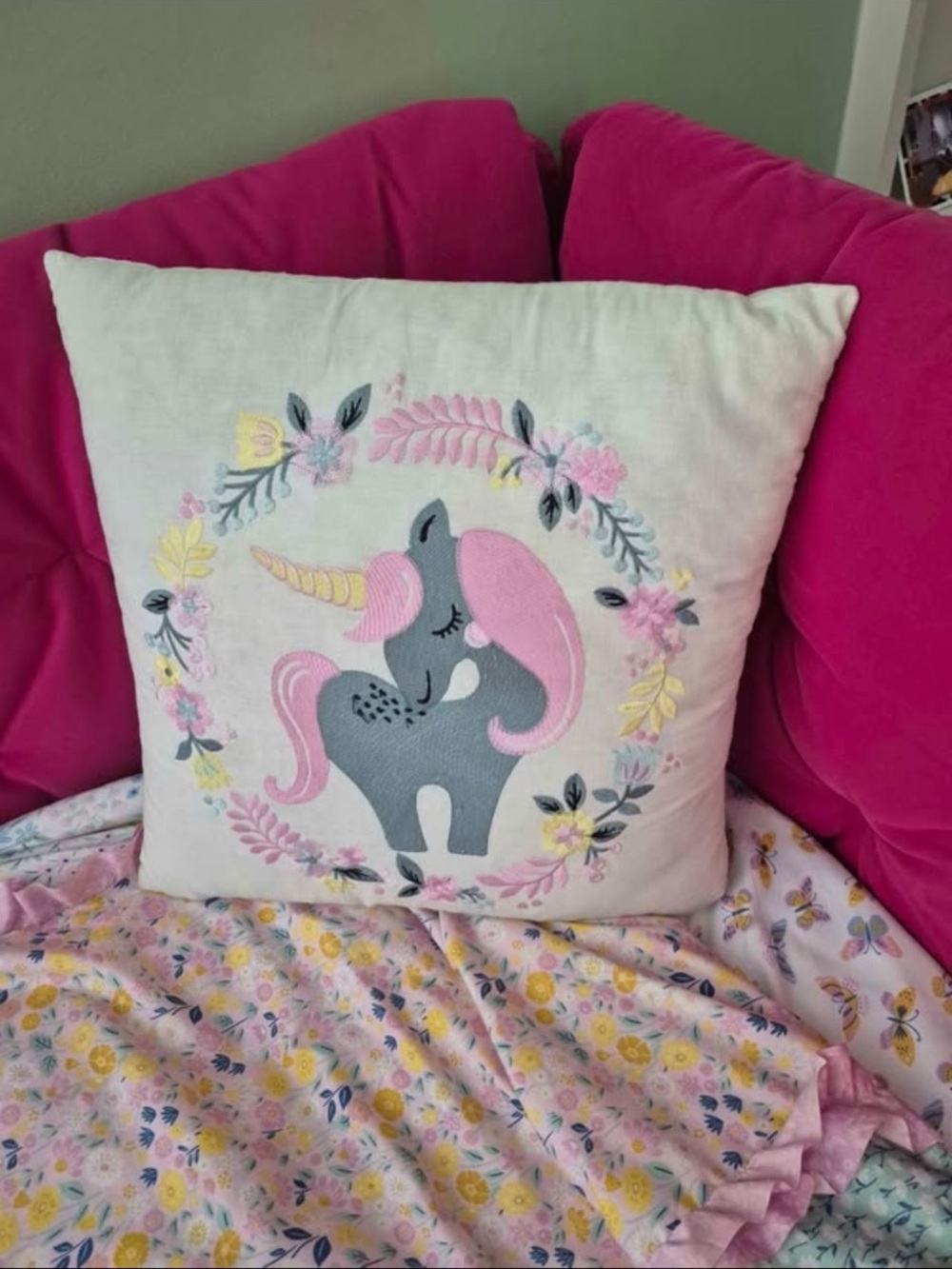 Embroidered Pink Unicorn Accent Pillow